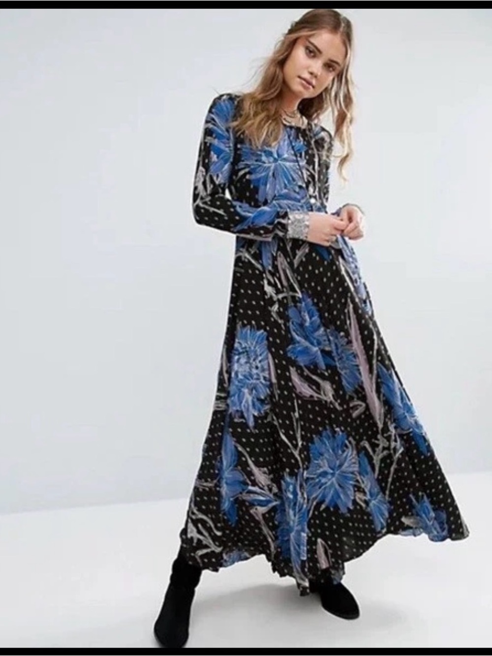 Free People Black Maxi Dress with Blue Floral Print